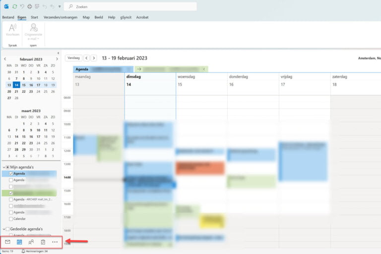 En zo staat de balk voor taken en contactpersonen en agenda in outlook terug onderaan