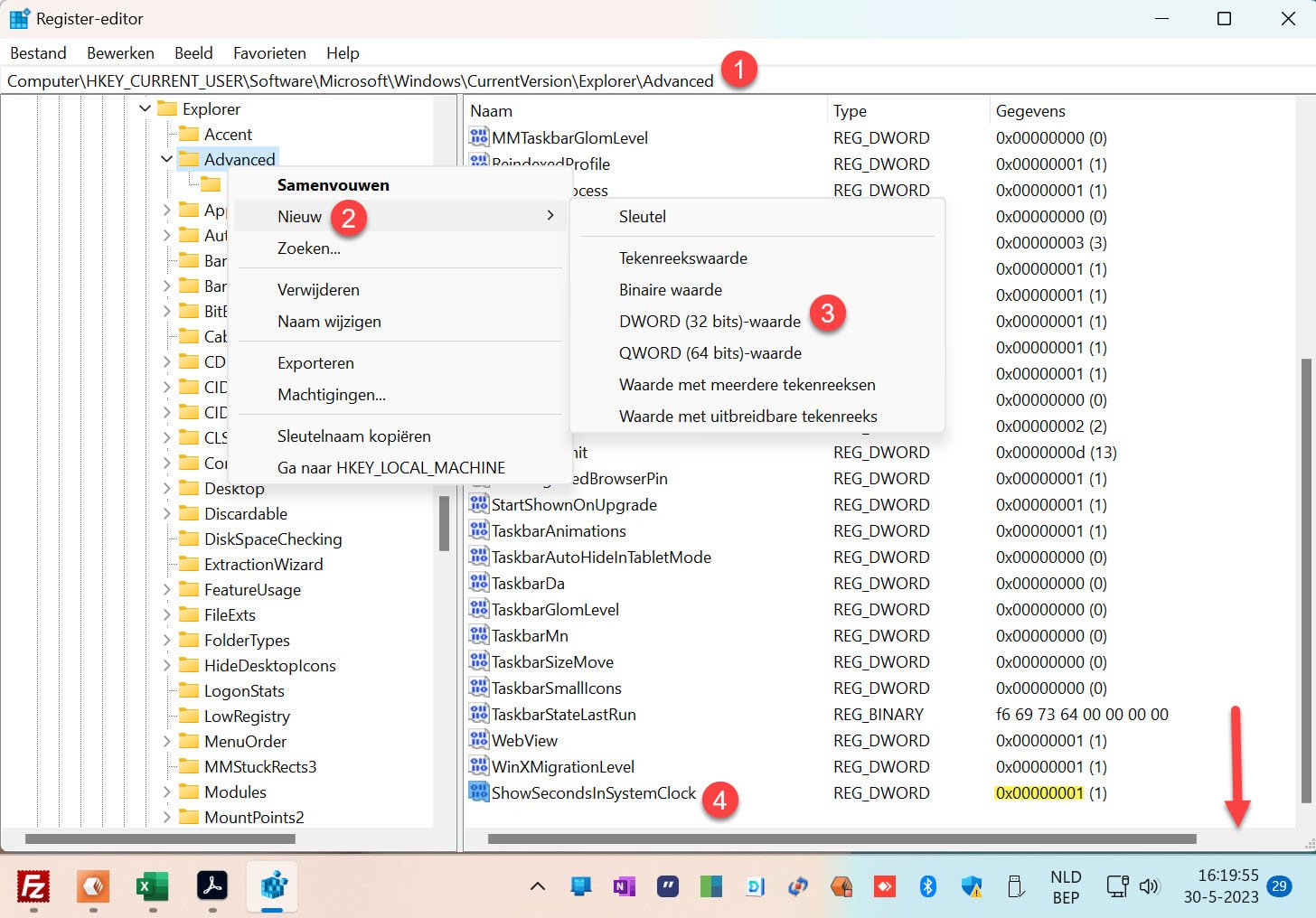 Hoe seconden weergeven in taakbalk klok van windows 11